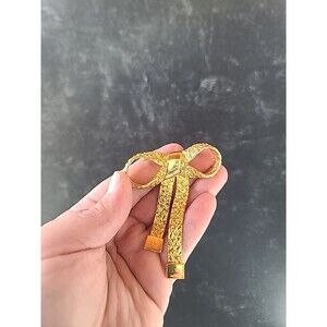 Bow Shaped Gold Tone Nugget Metal Brooch Vintage Costume Jewelry